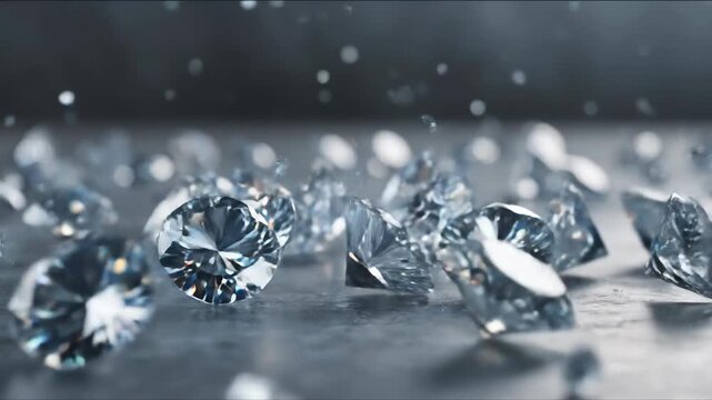 Shattered clock face with flying glass shards concept. Shiny scattered diamonds sparkling on reflective surface with bright light reflections luxury jewelry