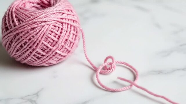 Step-by-step process of winding pink yarn into a ball for crafting projects