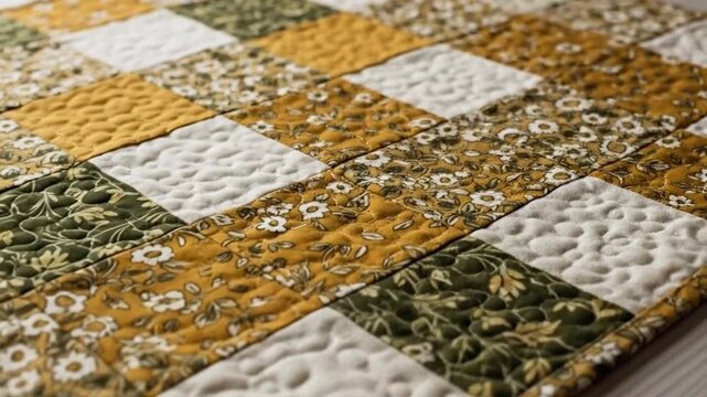 Detailed Overview of a Vintage Patchwork Quilt Featuring Floral and Geometric Patterns