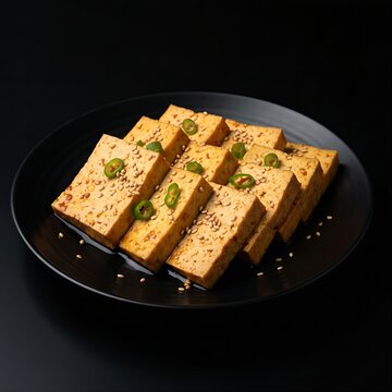 Slices of dubu jorim 두부조림 (braised tofu) in soy-chili sauce with green onions and sesame seeds, glossy finish, black plate, pure black background
 