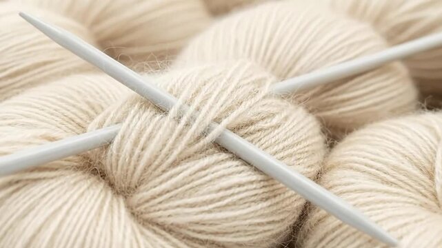 Close-up of cream-colored yarn balls with knitting needles arranged in a meticulous pattern