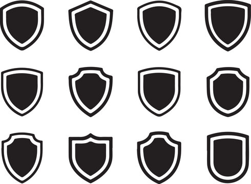Shield Array: A collection of various shield designs, meticulously crafted to showcase protection, security, and heraldic elements, perfect for design and thematic illustrations.