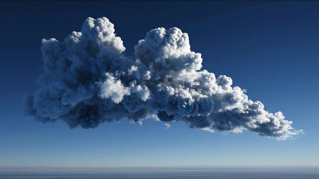 Shattered clock face with flying glass shards concept. Dramatic large smoke cloud in clear blue sky over calm horizon during daytime
