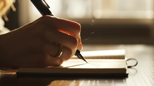 Hand writing in notebook with pen