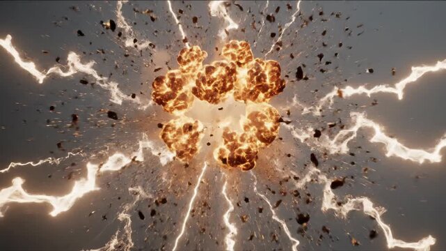 Shattered clock face with flying glass shards concept. Bright electric explosion with sparks and debris in dynamic energy burst on dark background