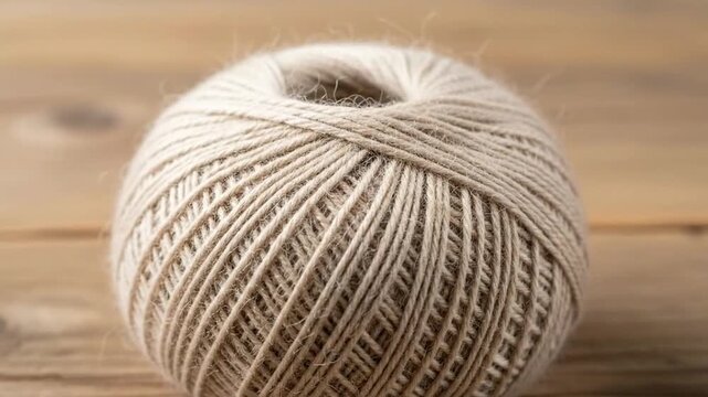 Close-up of a ball of beige string artfully woven with intricate patterns on wooden surface