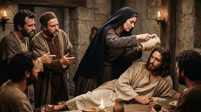Jesus Christ is anointed by a woman during a biblical event. Christian Easter story depicting the anointing at Bethany for religious themed art.