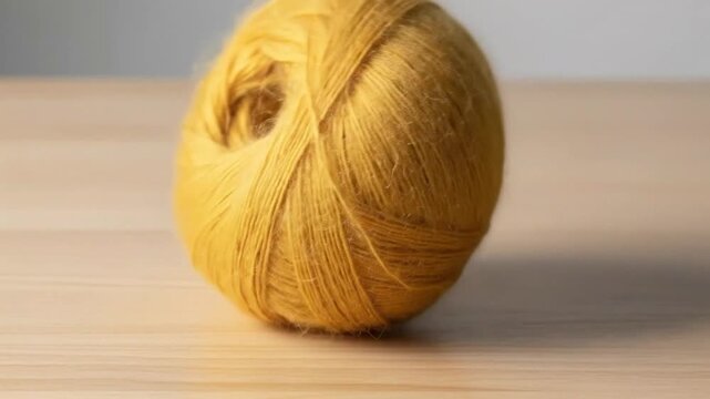 Sequential visualization of a mustard yellow yarn ball from various angles and perspectives over time