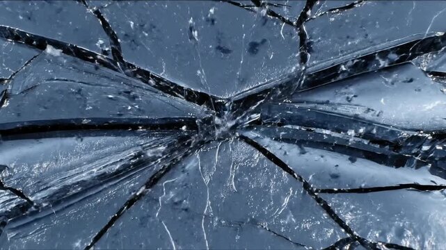 Shattered clock face with flying glass shards concept. Close up view of shattered broken glass with sunlight shining through cracks and reflections