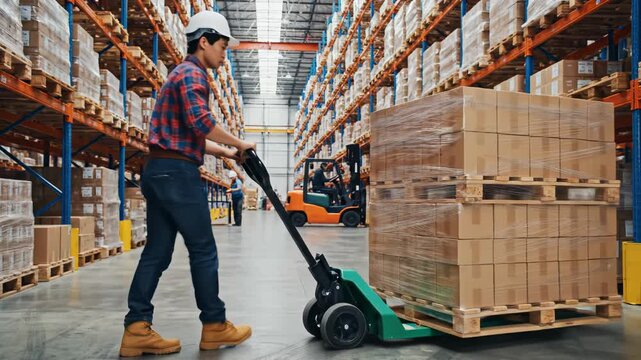 Warehouse worker moving pallet with hand truck