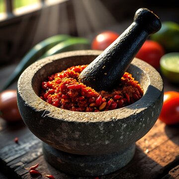 A stone mortar and pestle hold a vibrant red mixture, surrounded by fresh ingredients on a wooden surface.