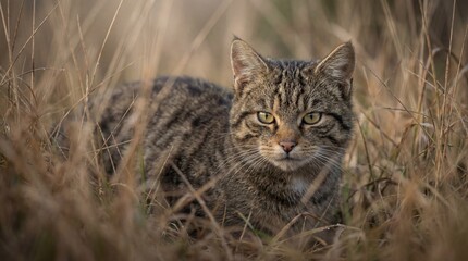 Tabby cat in natural habitat with warm golden lighting in tall dry grass for wildlife photography