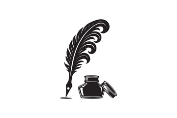 Quill Pen and inkwell silhouette with white background