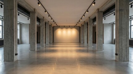 Fototapeta premium Minimalist industrial gallery space featuring raw concrete pillars and modern track lighting illumination setup
