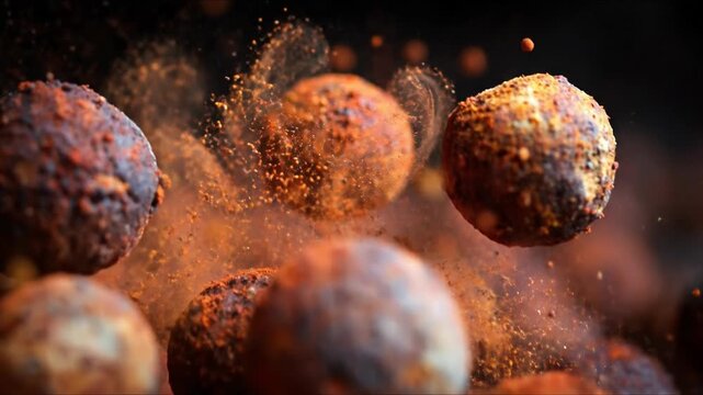 Shattered clock face with flying glass shards concept. Close up of floating rusty iron balls with dust particles in dark background industrial concept