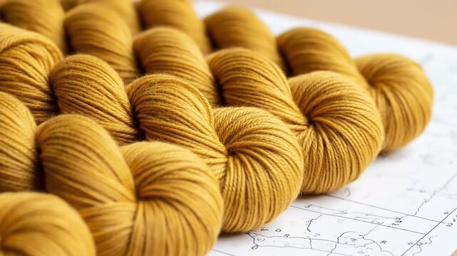 Close-up of neatly arranged yarn skeins showcasing vibrant yellow color and texture for crafting and textile projects