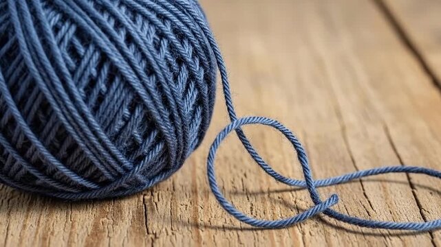 Close-up of a ball of blue yarn on a rustic wooden surface with a loose thread