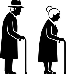 Elderly Couple Silhouette Vector, Elderly Man and Woman Senior Couple Silhouette with Walking Stick Vector Illustration Isolated on White Background