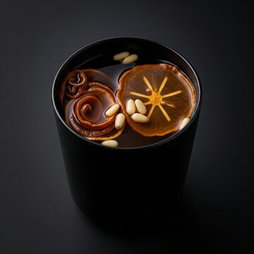 Glass of sujeonggwa 수정과  (cinnamon punch) with dried persimmon slices and pine nuts floating, rich amber color, black glass, solid black background
