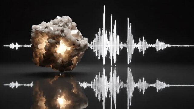 Shattered clock face with flying glass shards concept. Glowing crystal with reflected sound wave visualization on dark background futuristic design