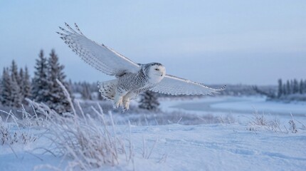 Snowy Owl in Flight with Frosty Wings in Soft Blue Lighting on Snowy Landscape for Wildlife Photography