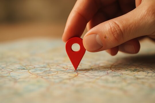 hand placing a red location pin on a detailed paper map, symbolizing travel planning, exploration, and finding direction. Warm natural lighting and shallow depth of field create an inviting and advent