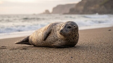 Seal on sandy beach in serene natural lighting with soft focus for wildlife conservation