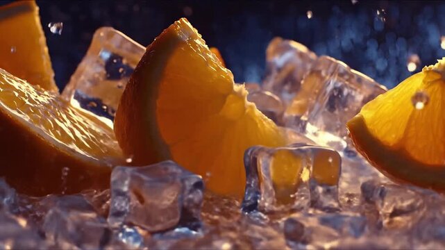 Shattered clock face with flying glass shards concept. Fresh orange slices splashing into ice water with vibrant colors and refreshing summer vibes