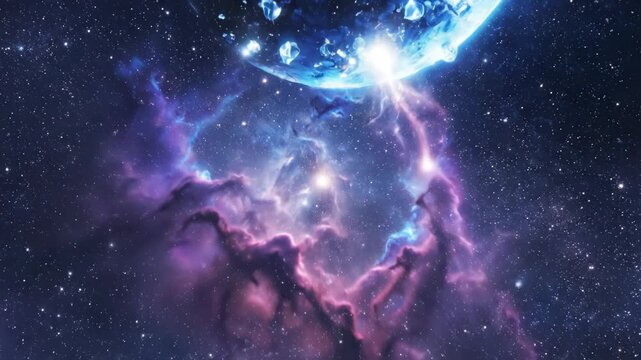 Cosmic nebula with crystalline celestial body