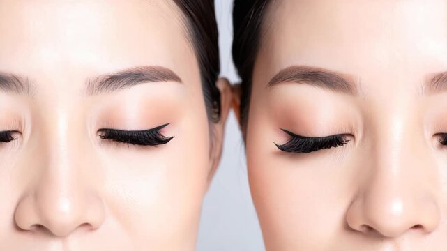 Close-up of two women's closed eyes with dramatic eyeliner and false eyelashes