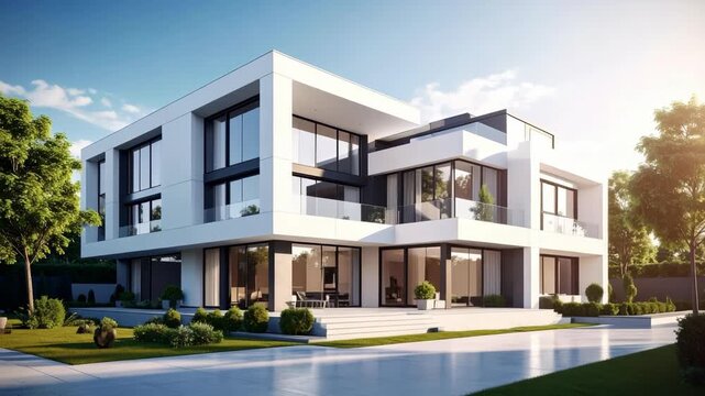 Modern White Luxury Mansion with Glass Balconies and Lush Greenery