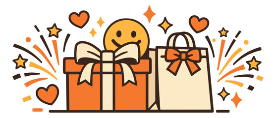 Fototapeta premium Cute hand drawn celebration set featuring a gift box, shopping bag, and happy emoji for party and sales promotions
