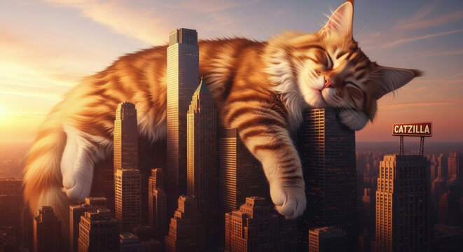 A giant orange cat sleeps peacefully on top of a city skyline at sunset