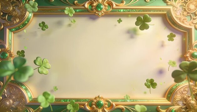 luxury gold and green animated frame with floating clover perfect for st patrick's day