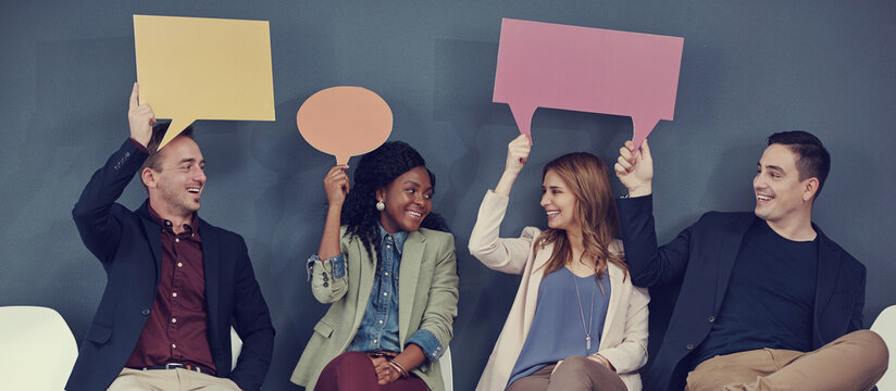 Speech bubble, recruitment and smile with business people in studio for social media, interview faq and vote. Human resources review, feedback questions and mockup space with employees on background