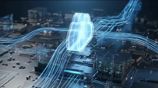 Cinematic 4K Animation of Cloud Computing Architecture Over a Futuristic Circuit Board, Showing Global Data Transfer and Secure Server Technology
