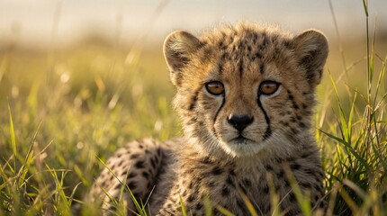 Cheetah cub in serene pose with warm golden lighting in tall grass for wildlife conservation