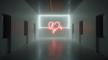 Radiant neon heart with ECG line framed in a long corridor, digital illustration, conceptual medical theme, glowing symbol, modern artistic expression