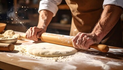 Baker skillfully rolling out dough with a wooden rolling pin in a rustic kitchen setting.