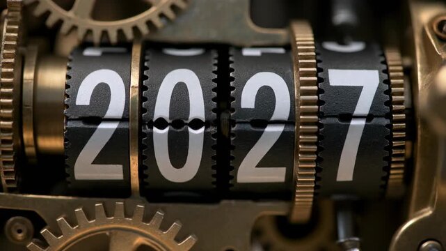 2027 New Year mechanical counter turning with brass gears and cogs
