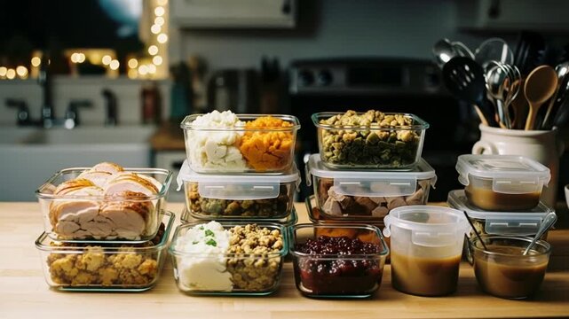 A Collection of Glass Containers with Prepped Meals and Leftovers.