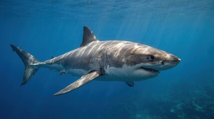 Great White Shark in Majestic Swim with Soft Blue Lighting in Underwater Scene for Wildlife Documentary