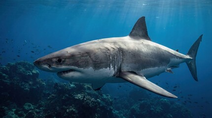 Great White Shark in majestic oceanic environment with soft natural lighting on coral reef for marine conservation