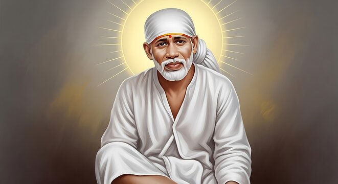 Illustration of Sai Baba with radiant halo background