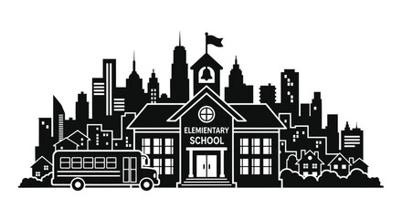 Obraz premium Black and white illustration of a cityscape with a school and bus