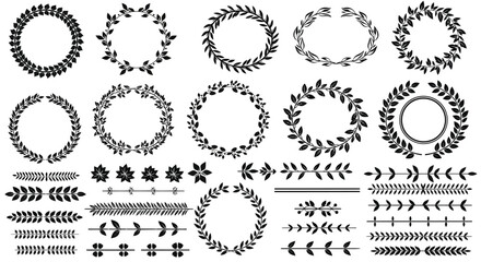 Obraz premium Variety of black laurel wreaths and floral decorative elements arranged in rows