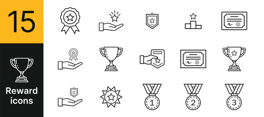 Fototapeta premium Collection of 15 premium reward and achievement vector icons set with trophy medal winner badge and star for loyalty program gamification and mobile app UI design