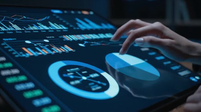 Financial Analyst Interacting with Digital Dashboard of Stock Market Graphs and Economic Data on a Large Tablet