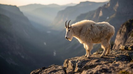 Mountain Goat in Majestic Pose with Dramatic Backlight on Rocky Outcrop for Wildlife Conservation