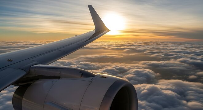 Airplane wing flying above clouds at sunrise.